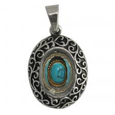 Stainless Steel Oval Pendant With Blue Marble Stone